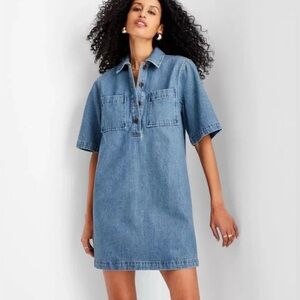 Future Collective Denim Mini Shirt Dress Short Sleeve XL Cottage Boxy Casual